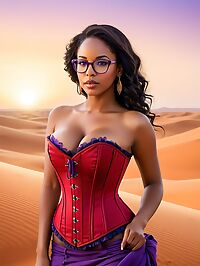 Caribbean woman with big breasts stands at sunrise over Moroccan dunes