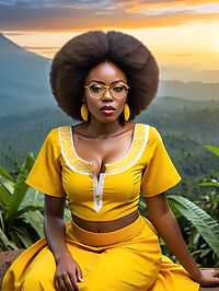 African woman with huge afro stands amidst mountain gorillas in Rwanda's dawn light