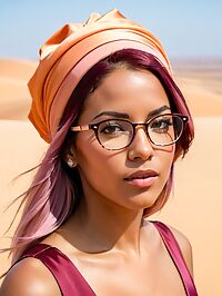 Caribbean woman with burgundy hair and pink dress sunbathes at the Sahara Dunes in Morocco