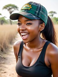 A 32 year old African girl wearing a black sundress in the Okavango Delta