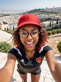 African woman with curly hairin a black volleyball uniform on the Mount of Olives