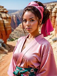A stunning dark skinned woman wears a pink kimono in Red Canyon's sun drenched noon