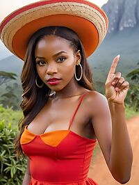 A petite woman in a red dress under the stars of Mount Mulanje at dawn