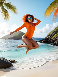 A stunning teal haired Caribbean woman in an orange bodysuit sunbathes on beach