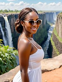 Nigerian girl stands near the edge of Victoria Falls in Zimbabwe